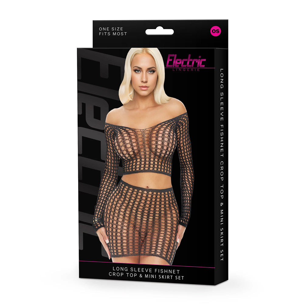 Electric Lingerie Long Sleeve Fishnet Crop Top & Mini Skirt Set O/S