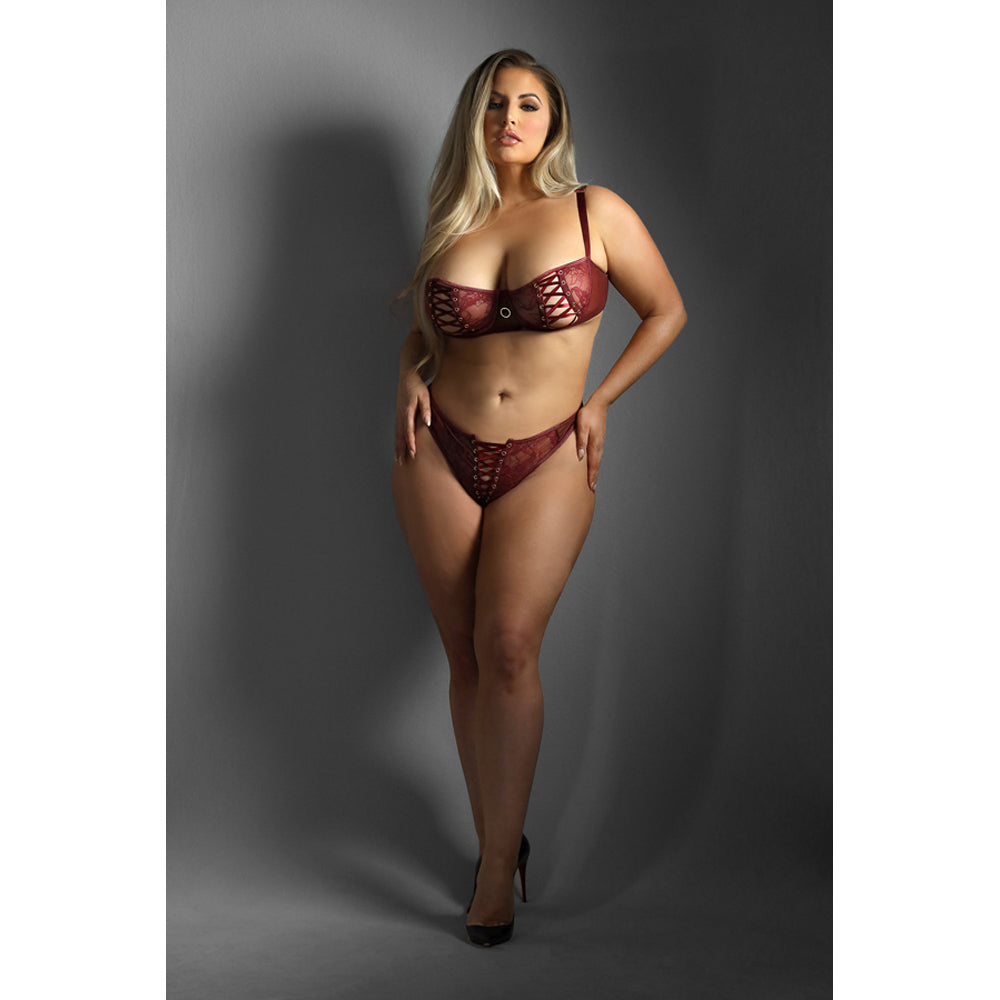 Lace-Up Bra & Crotchless Panty Queen Size