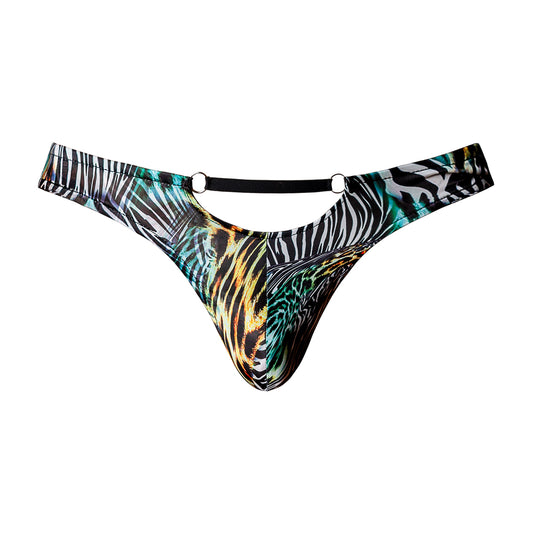 Go Wild! Thong W/ 2 Rings Multi Animal S/M