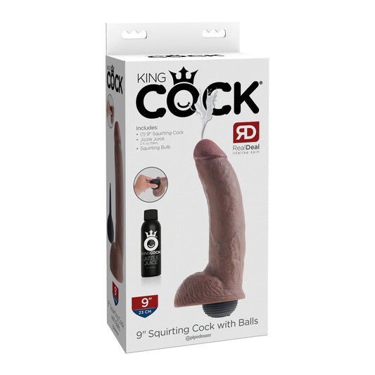 King Cock 9&quot; Squirting Cock w/ Balls Brown