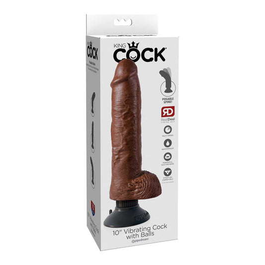 King Cock 10&quot; Vibrating Cock With Balls Brown