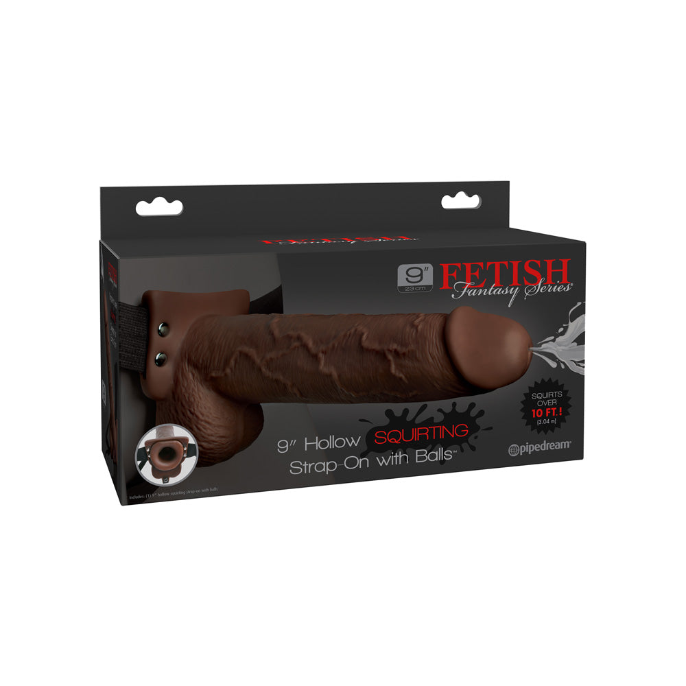 Fetish Fantasy 9&quot; Hollow Squirting Strap-On With Balls Brown