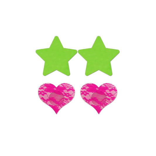 Fashion Pasties Set: Neon Green Solid Star Neon Pink Lace Heart