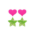 Load image into Gallery viewer, Fashion Pasties Set: Neon Pink Satin Heart Neon Green Lace Star
