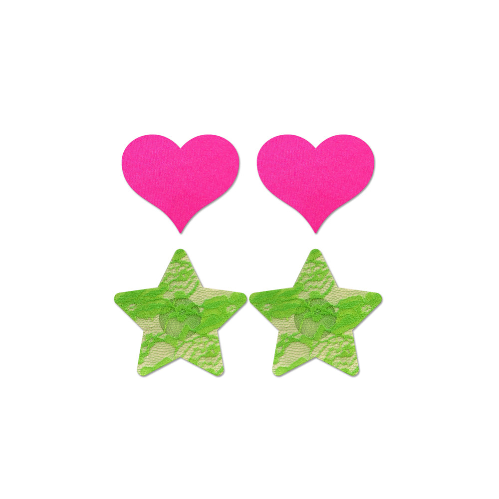 Fashion Pasties Set: Neon Pink Satin Heart Neon Green Lace Star