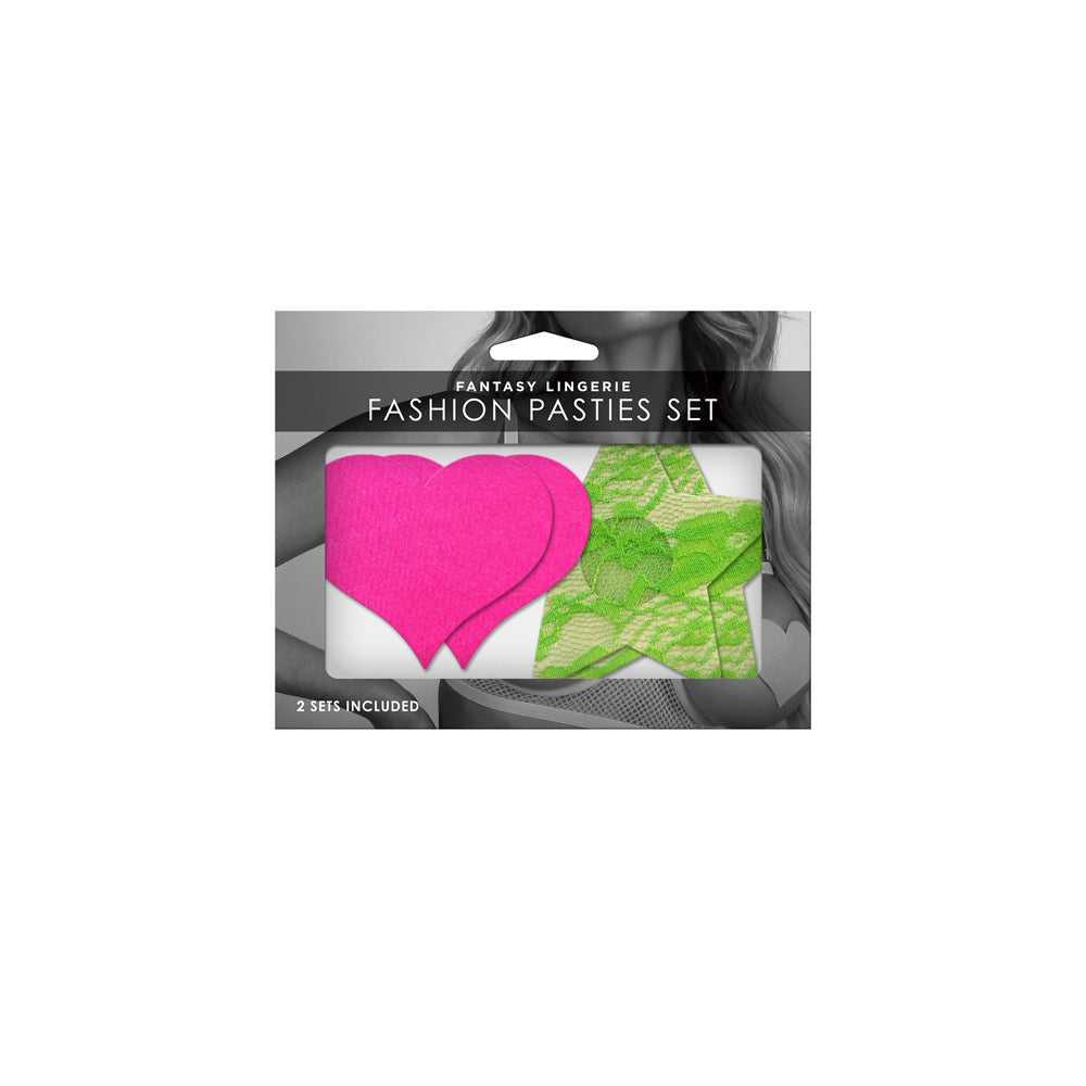 Fashion Pasties Set: Neon Pink Satin Heart Neon Green Lace Star