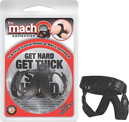 The Macho Collection V Style Cock Ring & Ball Divider Black