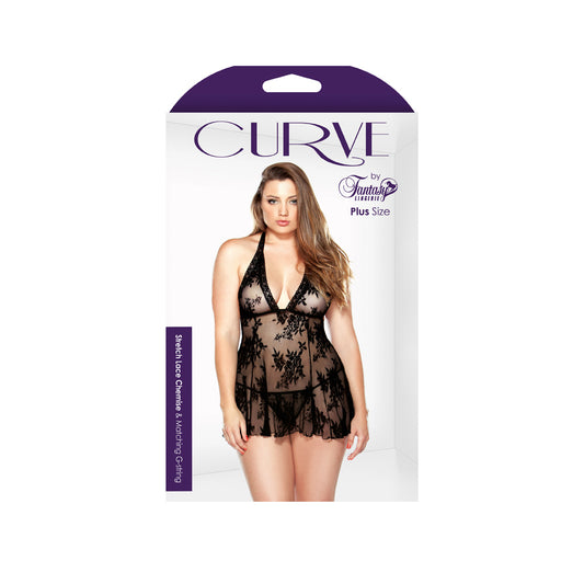 Stretch Lace Chemise & Matching G-String - Black - 1X/2X Boxed